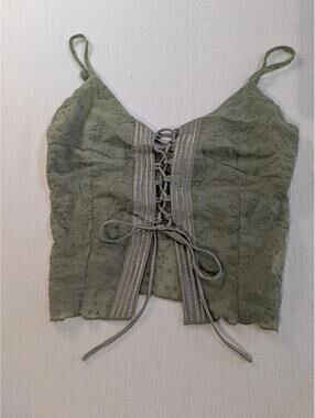 Tiger Mist Olive Green Lace-Up Embroidered Crop Top, Size M
